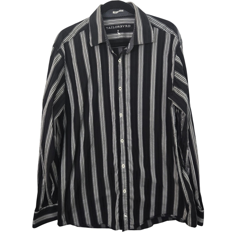 Tailorbyrd Mens Button Up Shirt Large Black Striped Contrast Cuffs Classic Fit
